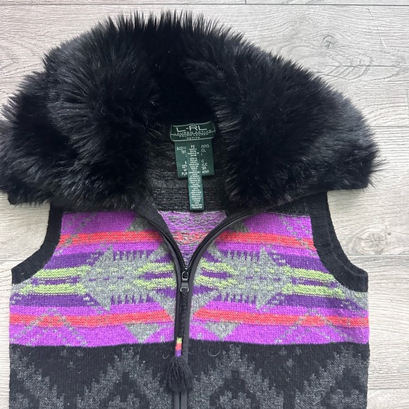 Ralph Lauren Black and Purple Patterned Vest with Fur Collar - Picture 4 of 6